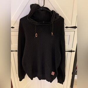 Black Hooded Sweater with Leather Accents